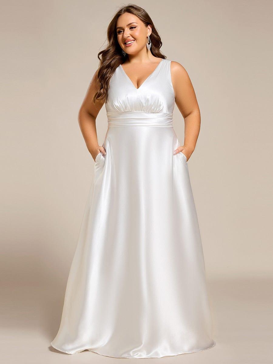 Plus Size Satin Maxi Formal Dress with Pockets #color_White