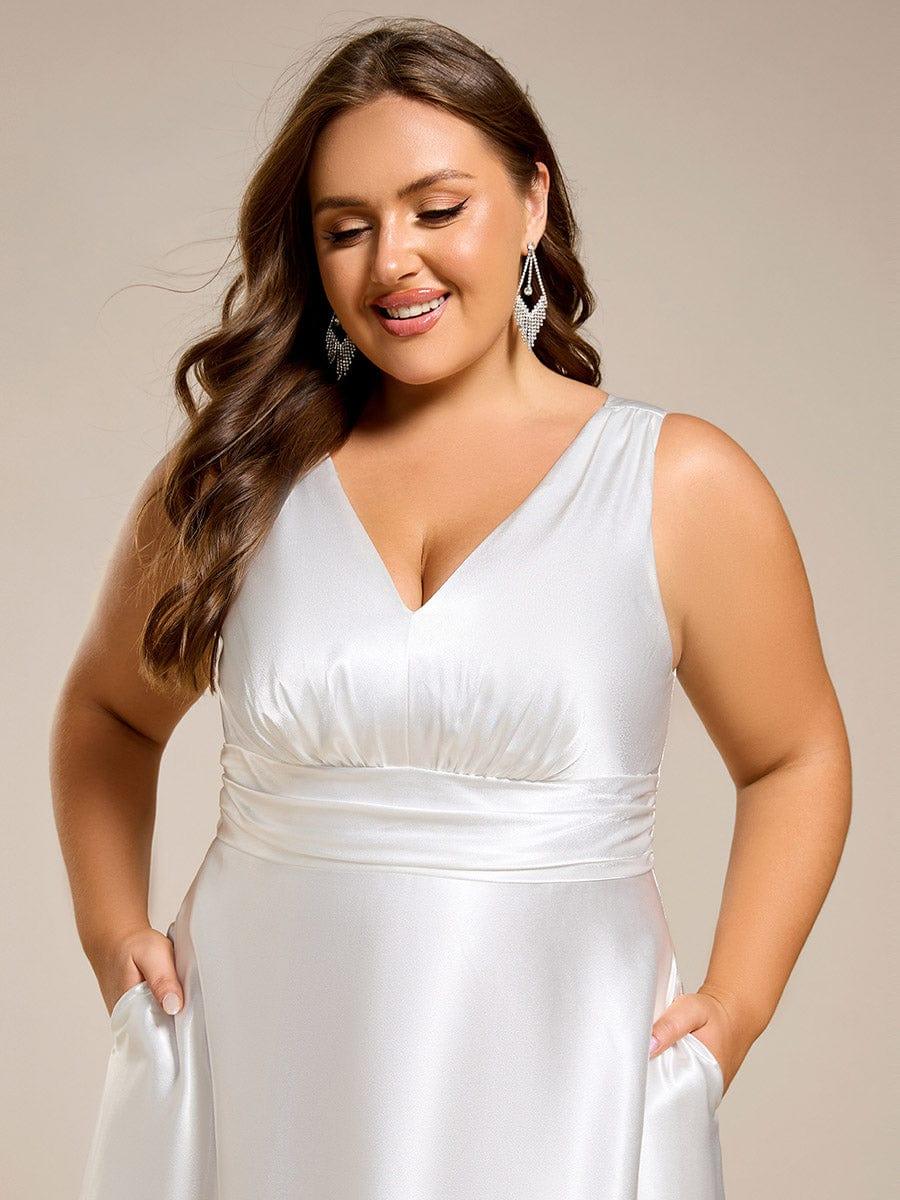 Plus Size Satin Maxi Formal Dress with Pockets #color_White