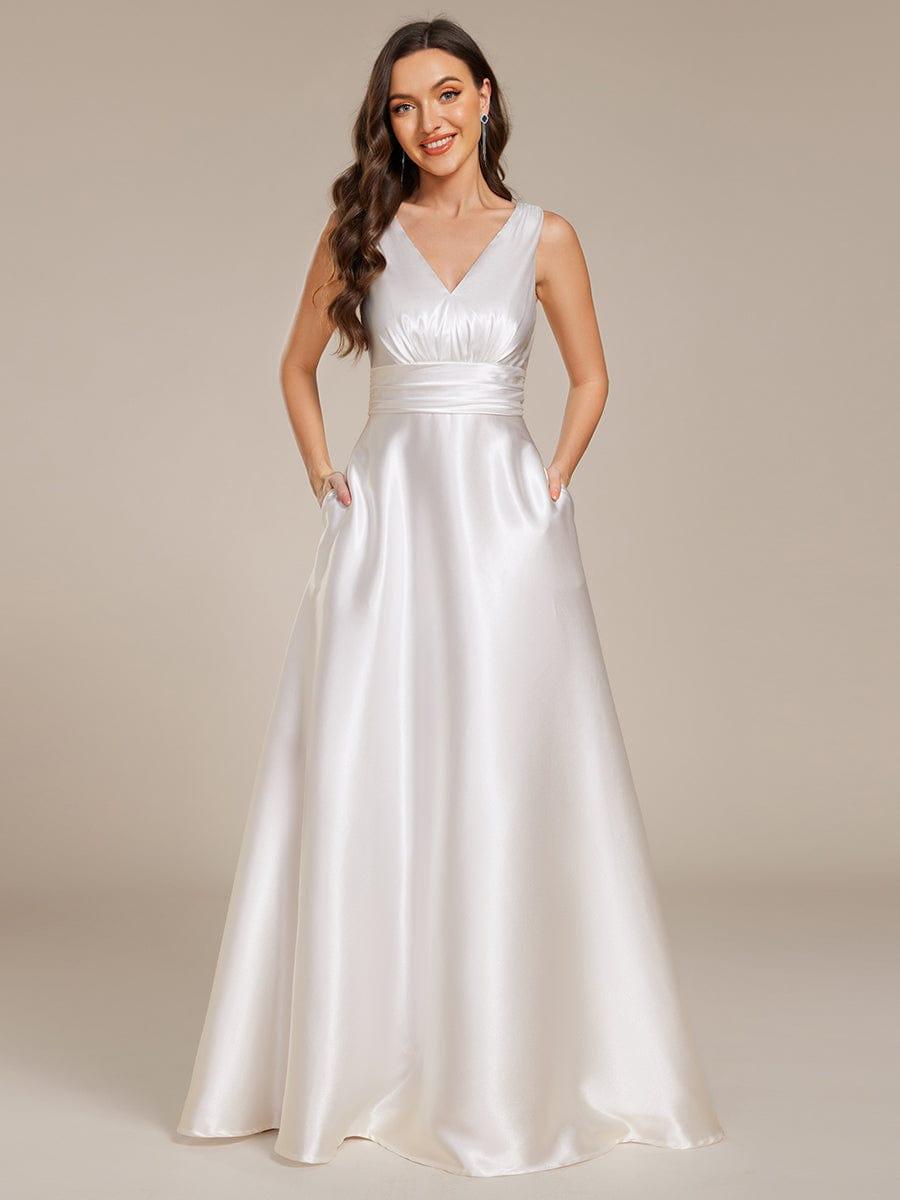 Double V-neck Satin Maxi Formal Dress with Pockets #color_White