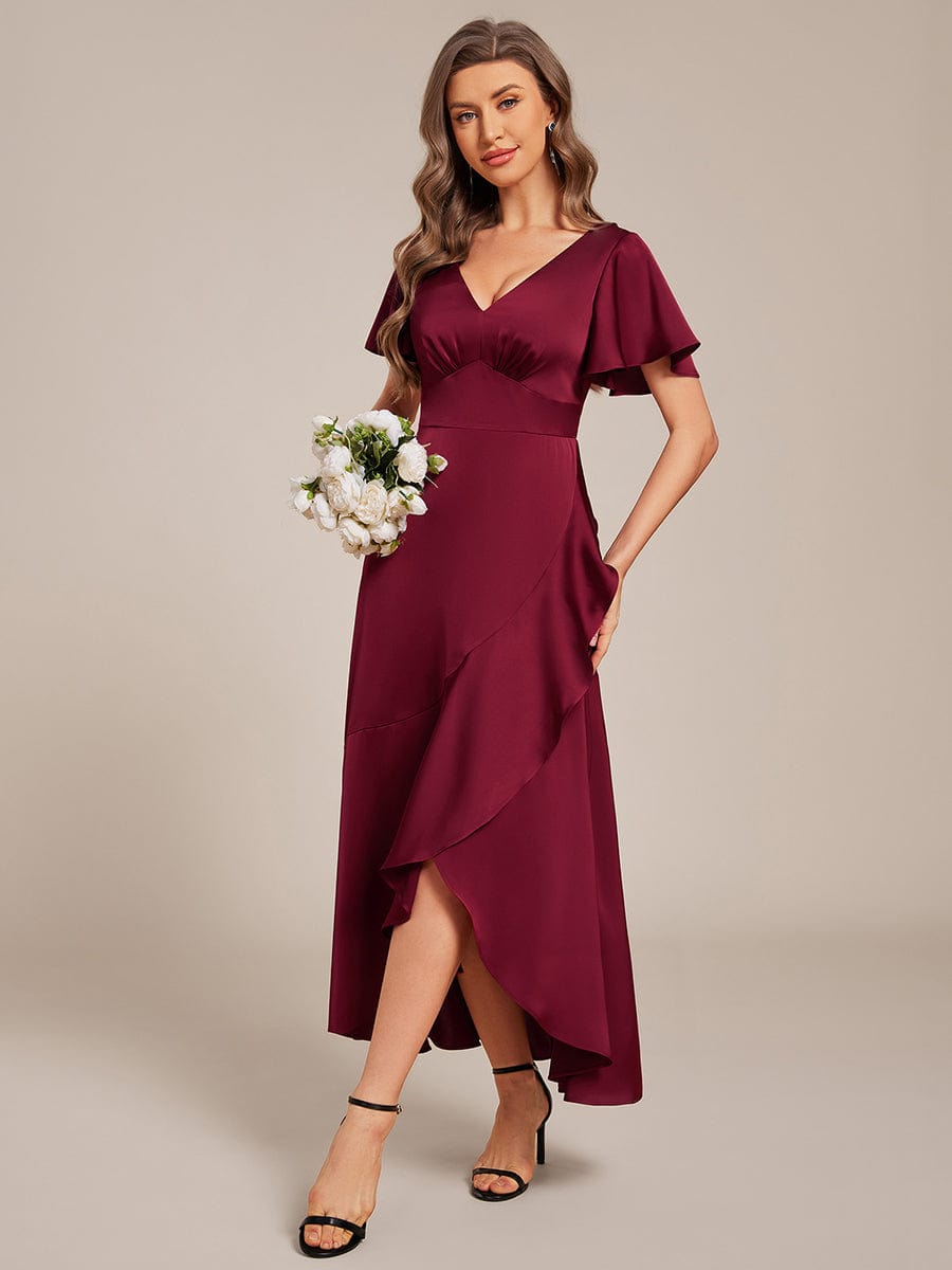 Short Sleeve Ruffled V-Neck Satin Midi Bridesmaid Dress #color_Burgundy
