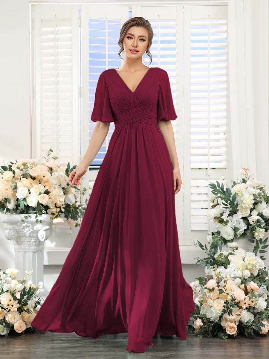 Short Sleeve Ruffled Lace-Up A-Line Maxi Bridesmaid Dress #color_Burgundy