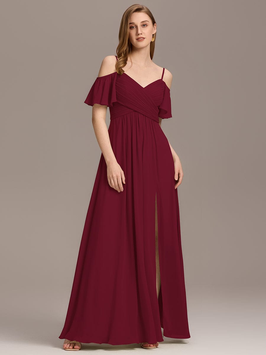 Off-Shoulder Ruched High Split Bridesmaid Dresses #color_Burgundy