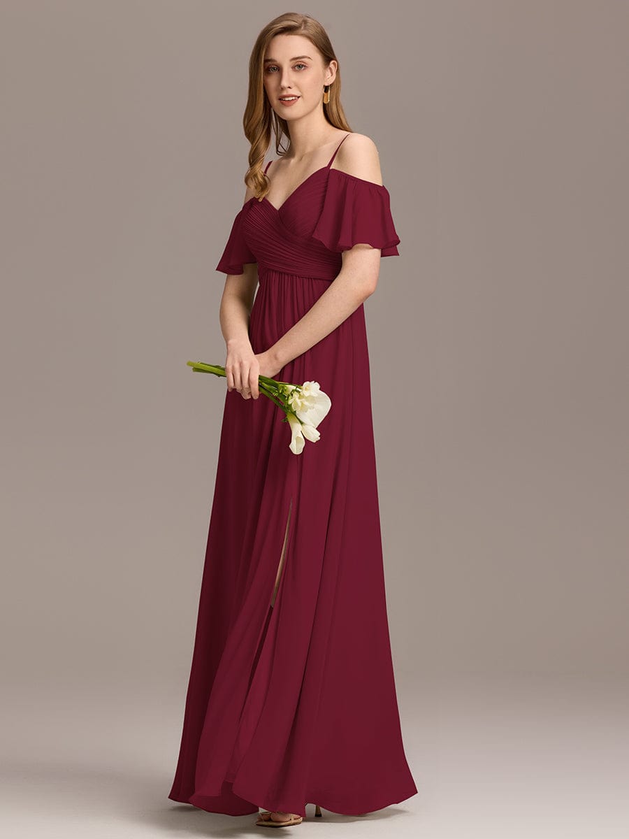 Off-Shoulder Ruched High Split Bridesmaid Dresses #color_Burgundy
