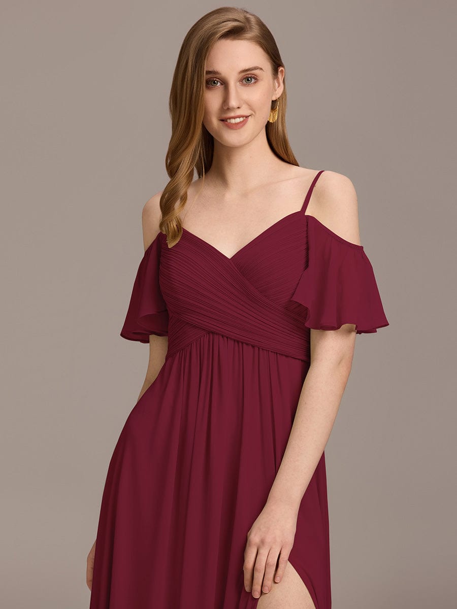 Off-Shoulder Ruched High Split Bridesmaid Dresses #color_Burgundy