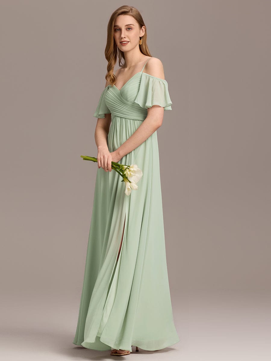 Off-Shoulder Ruched High Split Bridesmaid Dresses #color_Mint Green