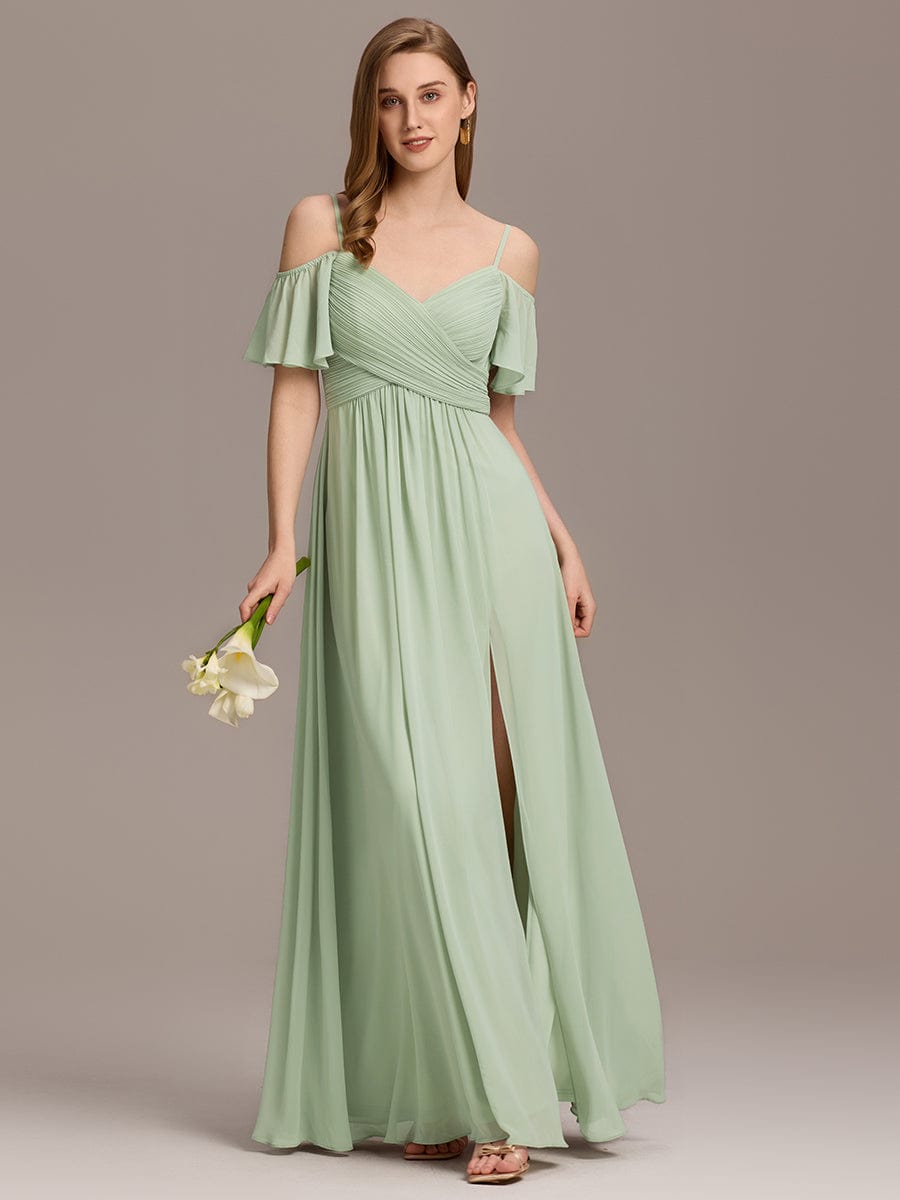 Off-Shoulder Ruched High Split Bridesmaid Dresses #color_Mint Green