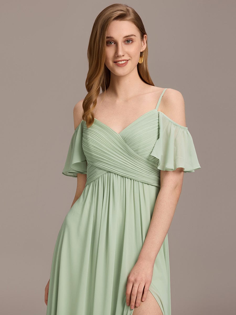 Off-Shoulder Ruched High Split Bridesmaid Dresses #color_Mint Green