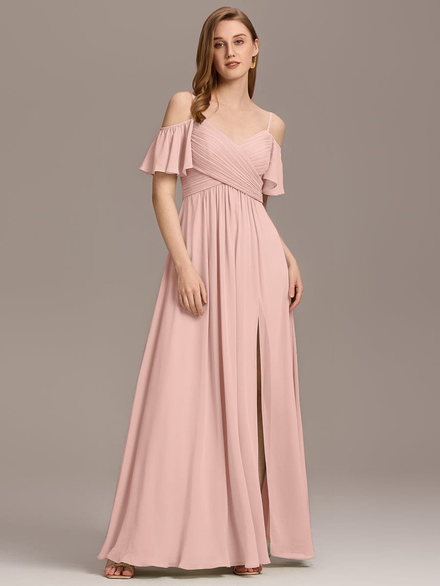 Off-Shoulder Ruched High Split Bridesmaid Dresses #color_Pink