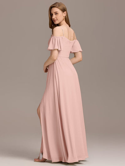 Off-Shoulder Ruched High Split Bridesmaid Dresses #color_Pink