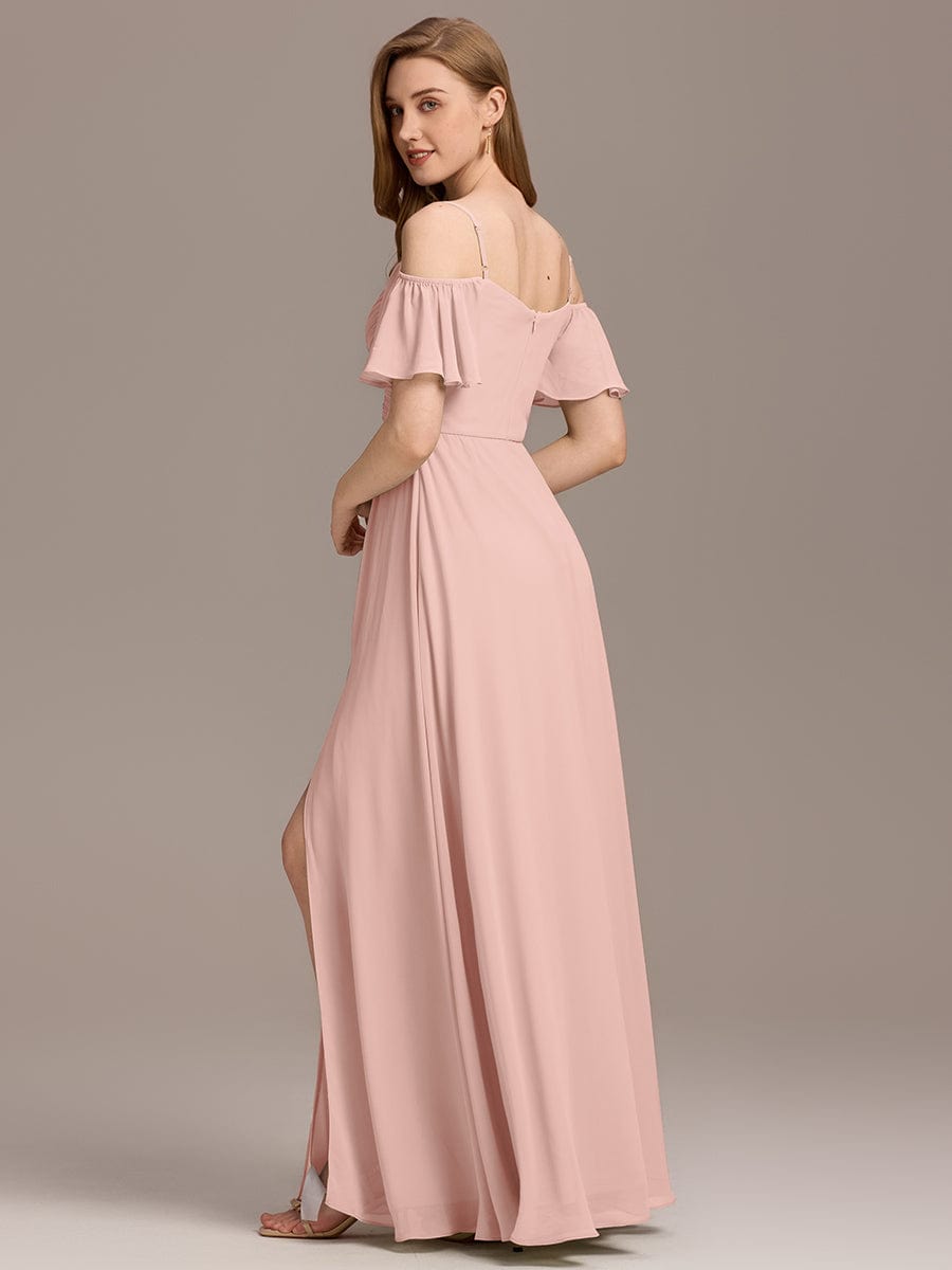 Off-Shoulder Ruched High Split Bridesmaid Dresses #color_Pink