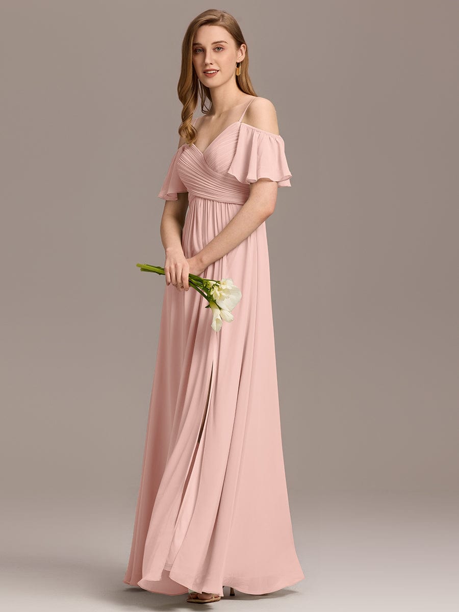 Off-Shoulder Ruched High Split Bridesmaid Dresses #color_Pink