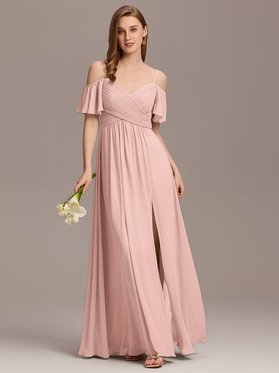 Off-Shoulder Ruched High Split Bridesmaid Dresses #color_Pink