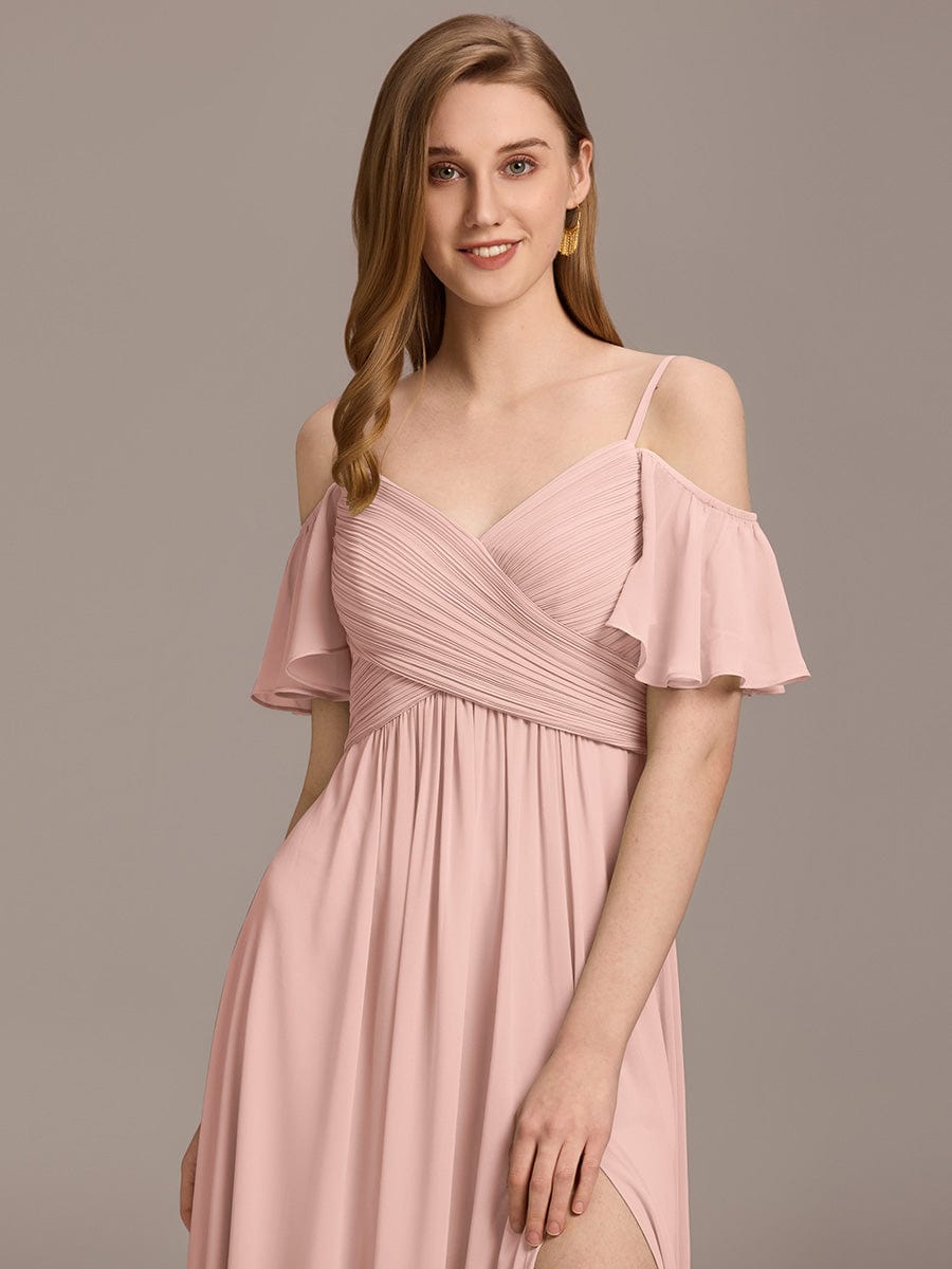 Off-Shoulder Ruched High Split Bridesmaid Dresses #color_Pink