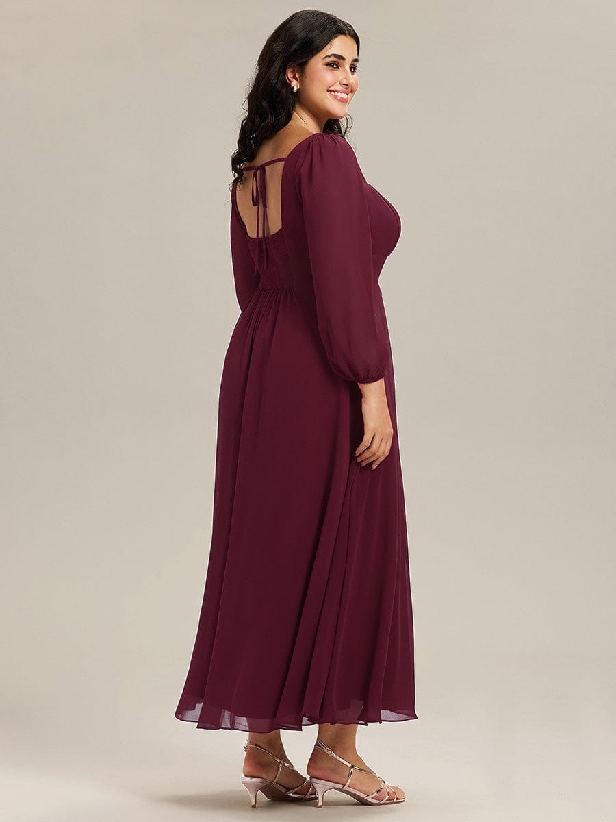 Plus Size See-through Chiffon Lantern Sleeve Wedding Guest Dress #color_Burgundy