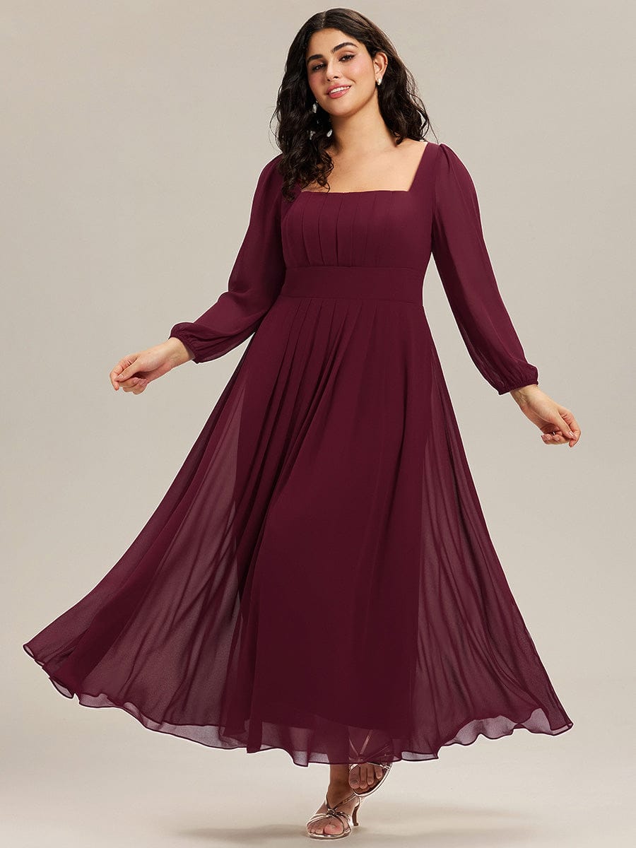 Plus Size See-through Chiffon Lantern Sleeve Wedding Guest Dress #color_Burgundy