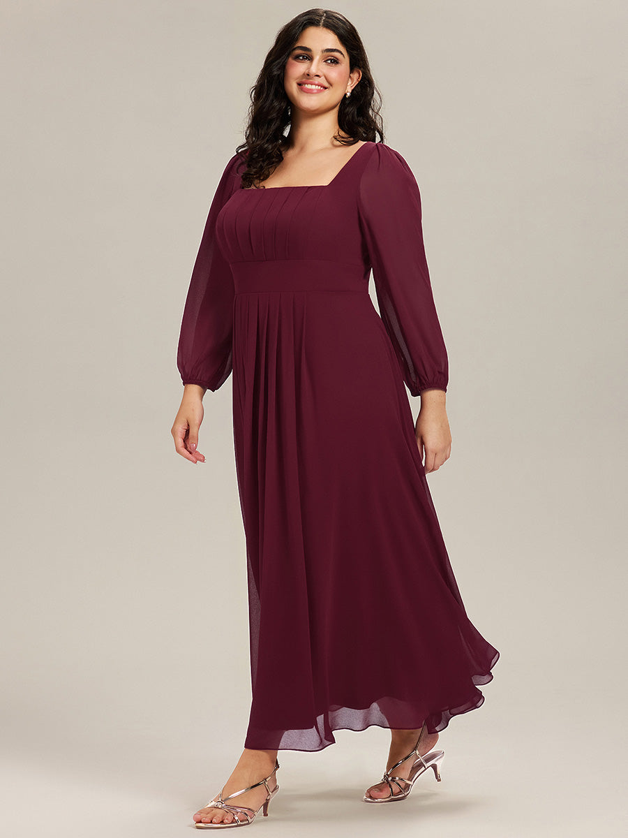 Plus Size See-through Chiffon Lantern Sleeve Wedding Guest Dress #color_Burgundy