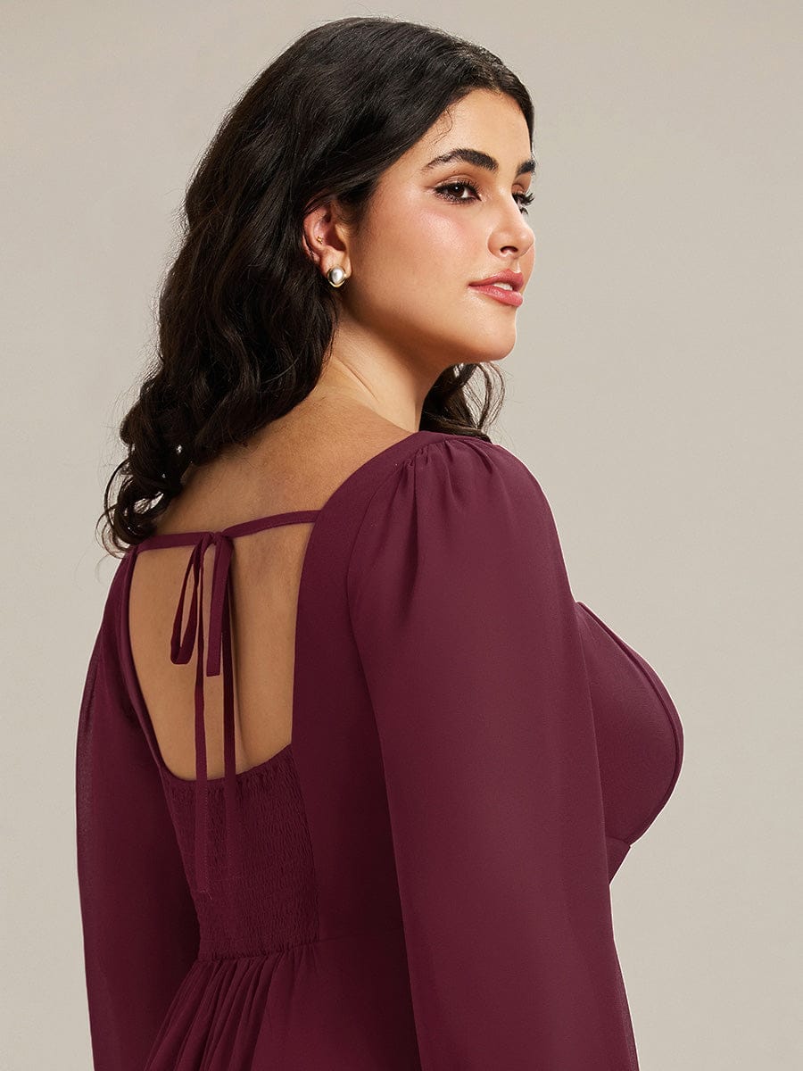 Plus Size See-through Chiffon Lantern Sleeve Wedding Guest Dress #color_Burgundy