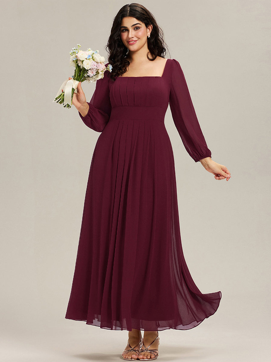 Plus Size See-through Chiffon Lantern Sleeve Wedding Guest Dress #color_Burgundy