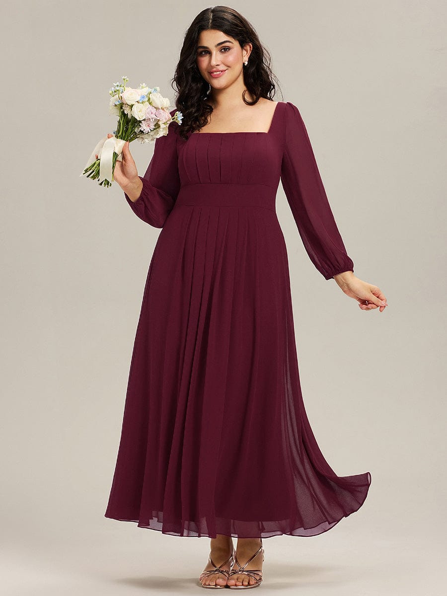 Plus Size See-through Chiffon Lantern Sleeve Wedding Guest Dress #color_Burgundy