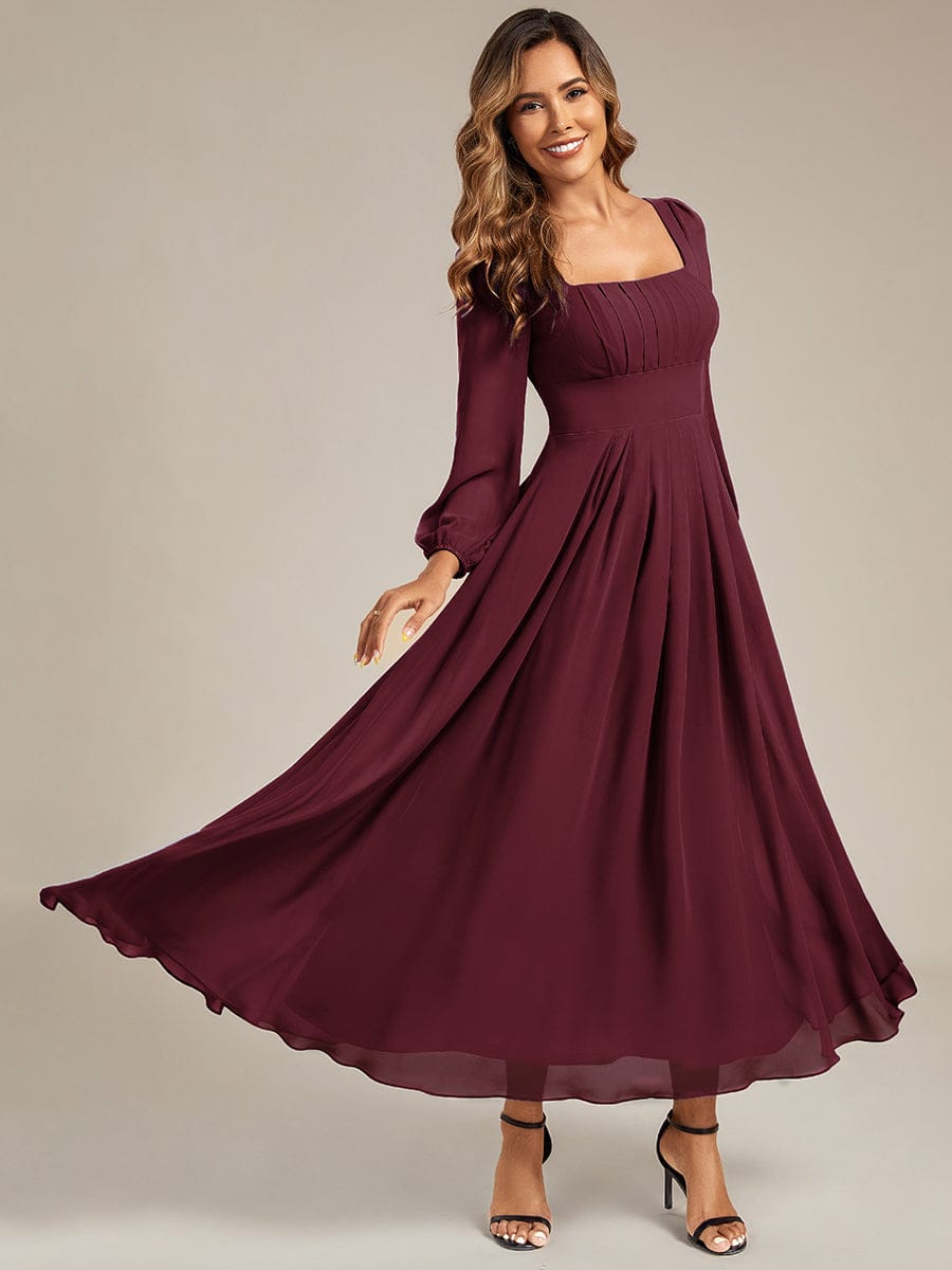 See-through Chiffon Lantern Sleeve Bridesmaid Dress #color_Burgundy