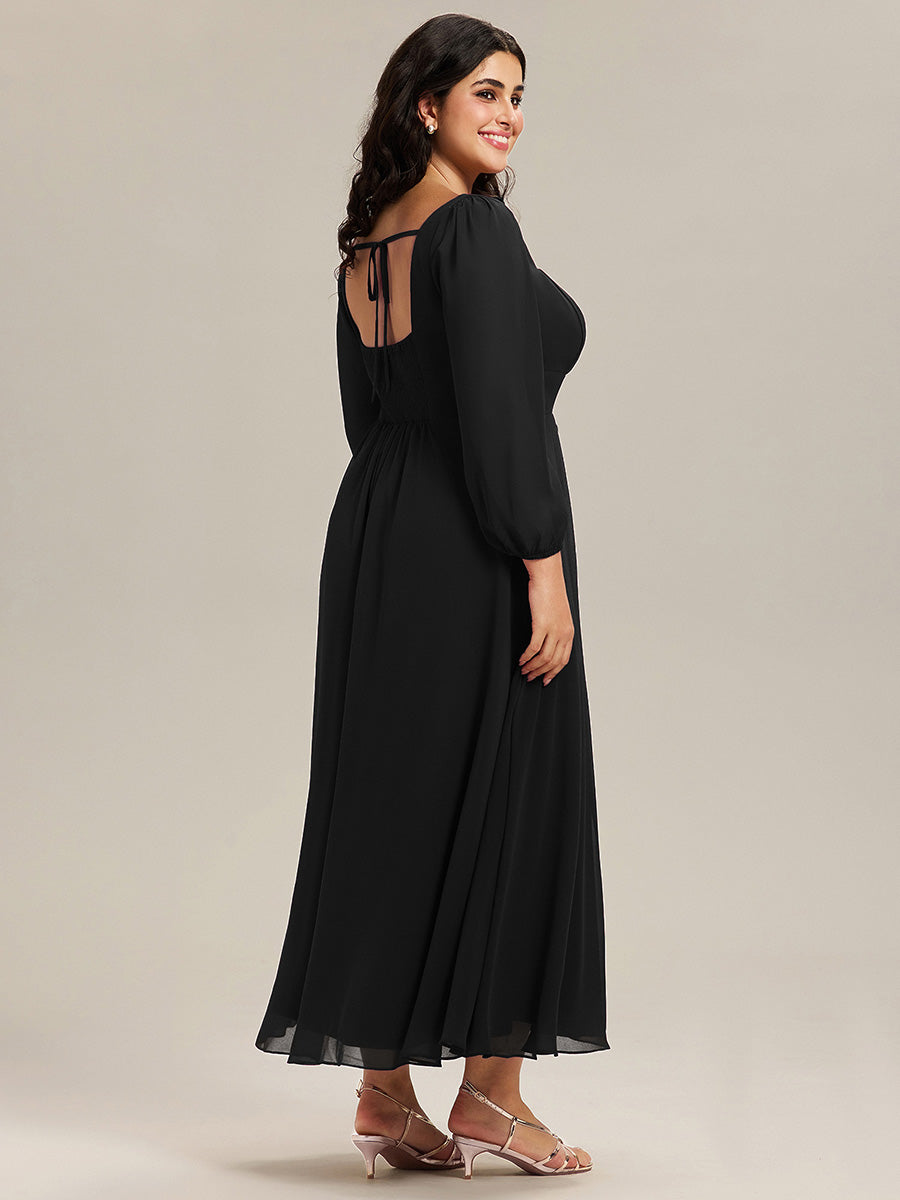 Plus Size See-through Chiffon Lantern Sleeve Wedding Guest Dress #color_Black