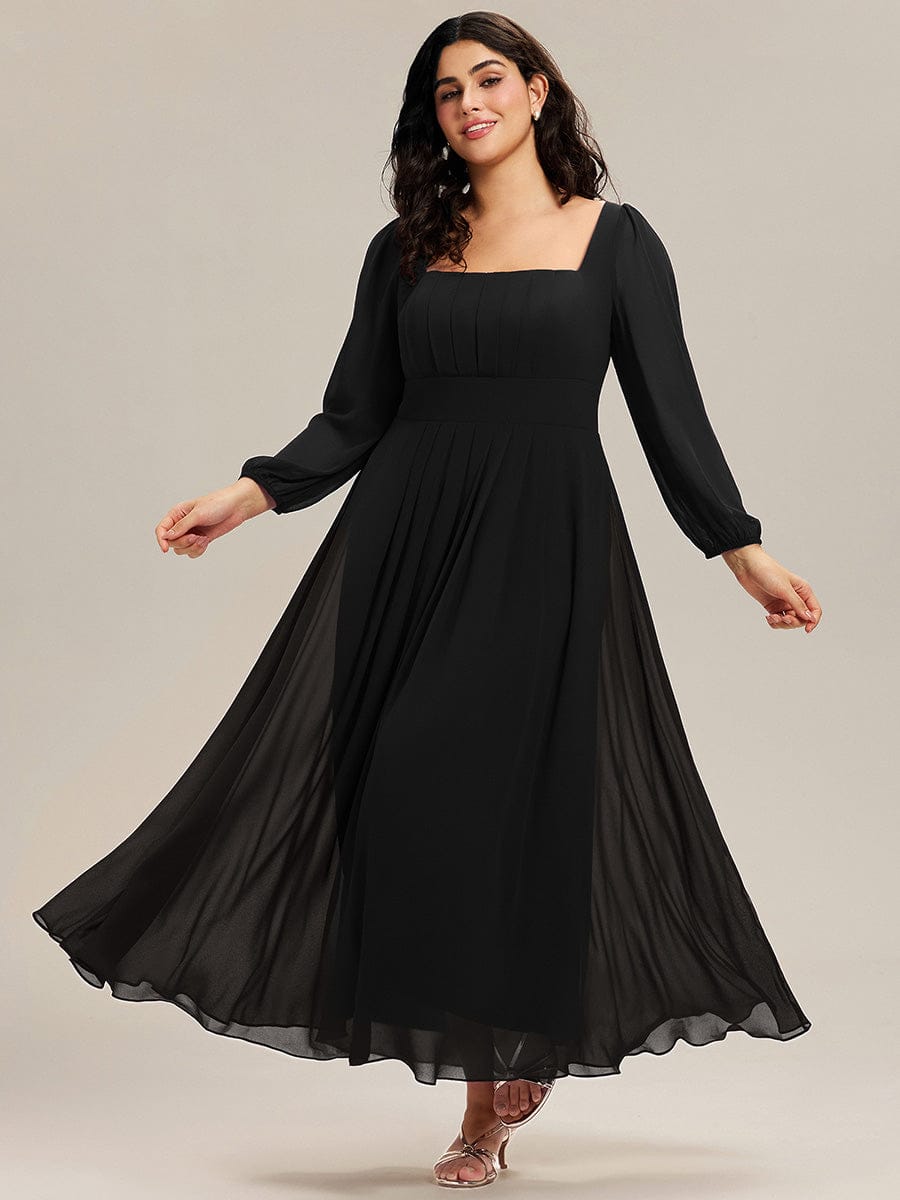 Plus Size See-through Chiffon Lantern Sleeve Wedding Guest Dress #color_Black
