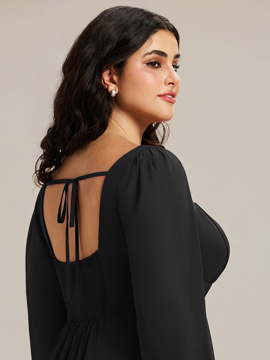 Plus Size See-through Chiffon Lantern Sleeve Wedding Guest Dress #color_Black