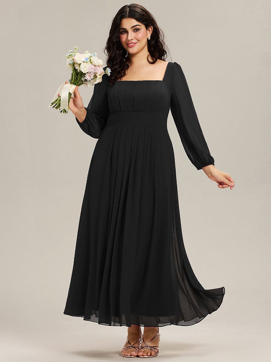 Plus Size See-through Chiffon Lantern Sleeve Wedding Guest Dress #color_Black