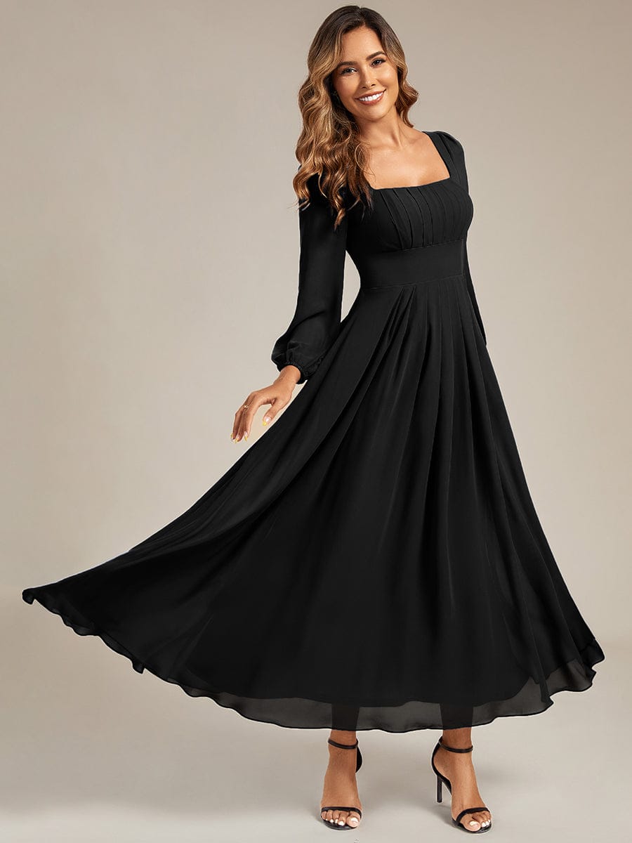 See-through Chiffon Lantern Sleeve Bridesmaid Dress #color_Black