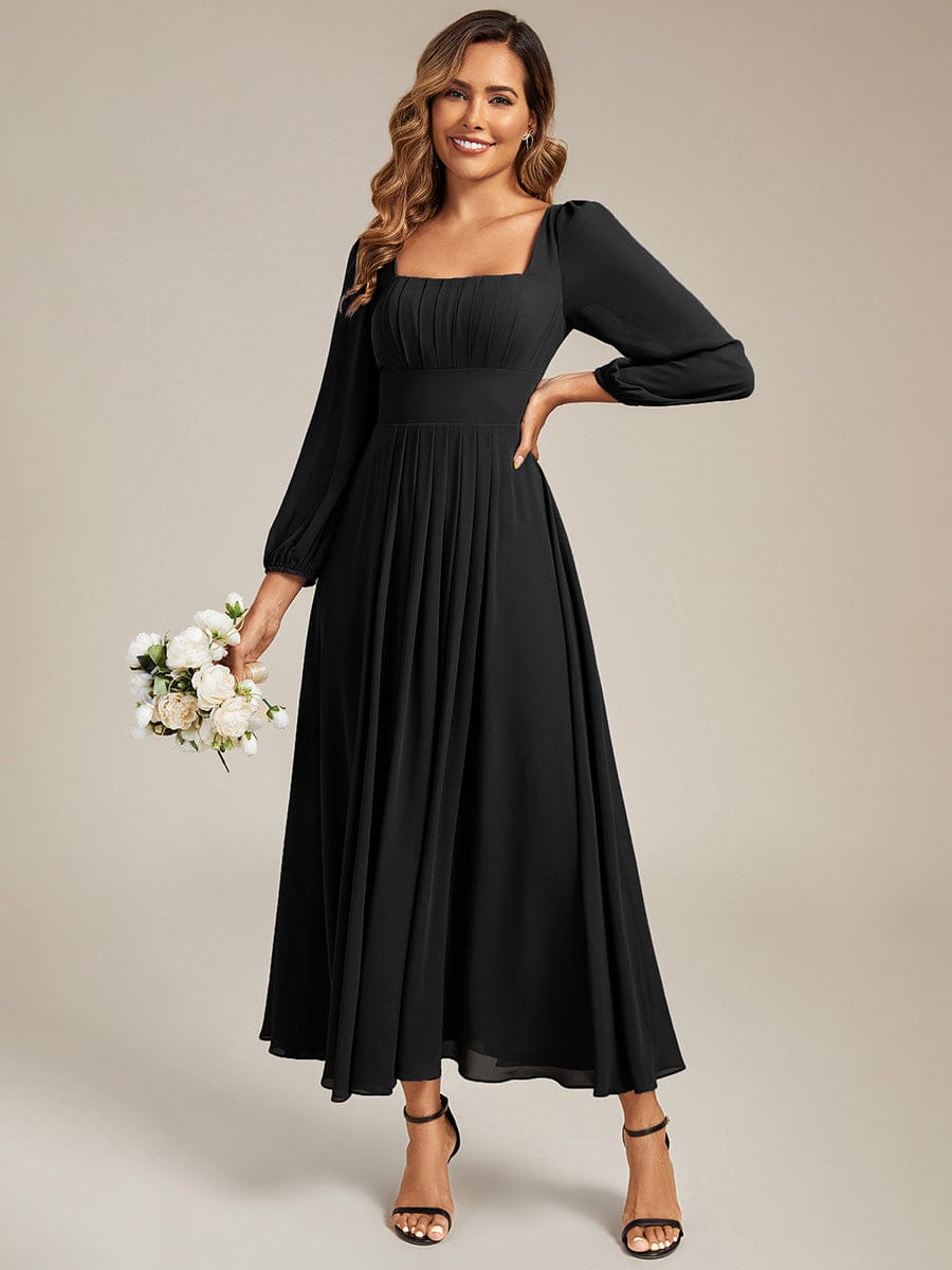 See-through Chiffon Lantern Sleeve Bridesmaid Dress #color_Black