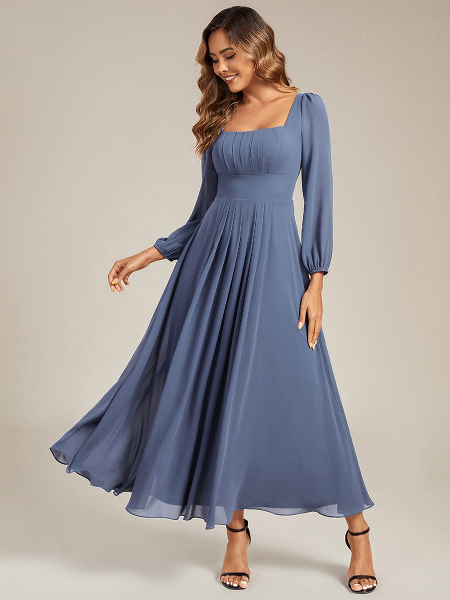 See-through Chiffon Lantern Sleeve Bridesmaid Dress #color_Dusty Blue