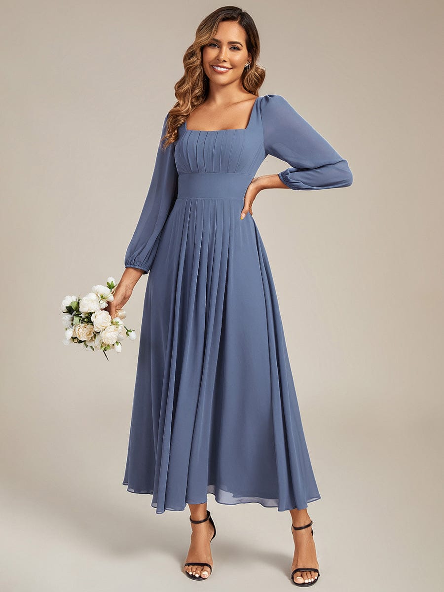 See-through Chiffon Lantern Sleeve Bridesmaid Dress #color_Dusty Blue