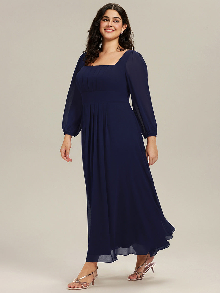 Plus Size See-through Chiffon Lantern Sleeve Wedding Guest Dress #color_Navy Blue