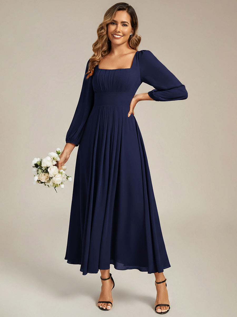 See-through Chiffon Lantern Sleeve Bridesmaid Dress #color_Navy Blue