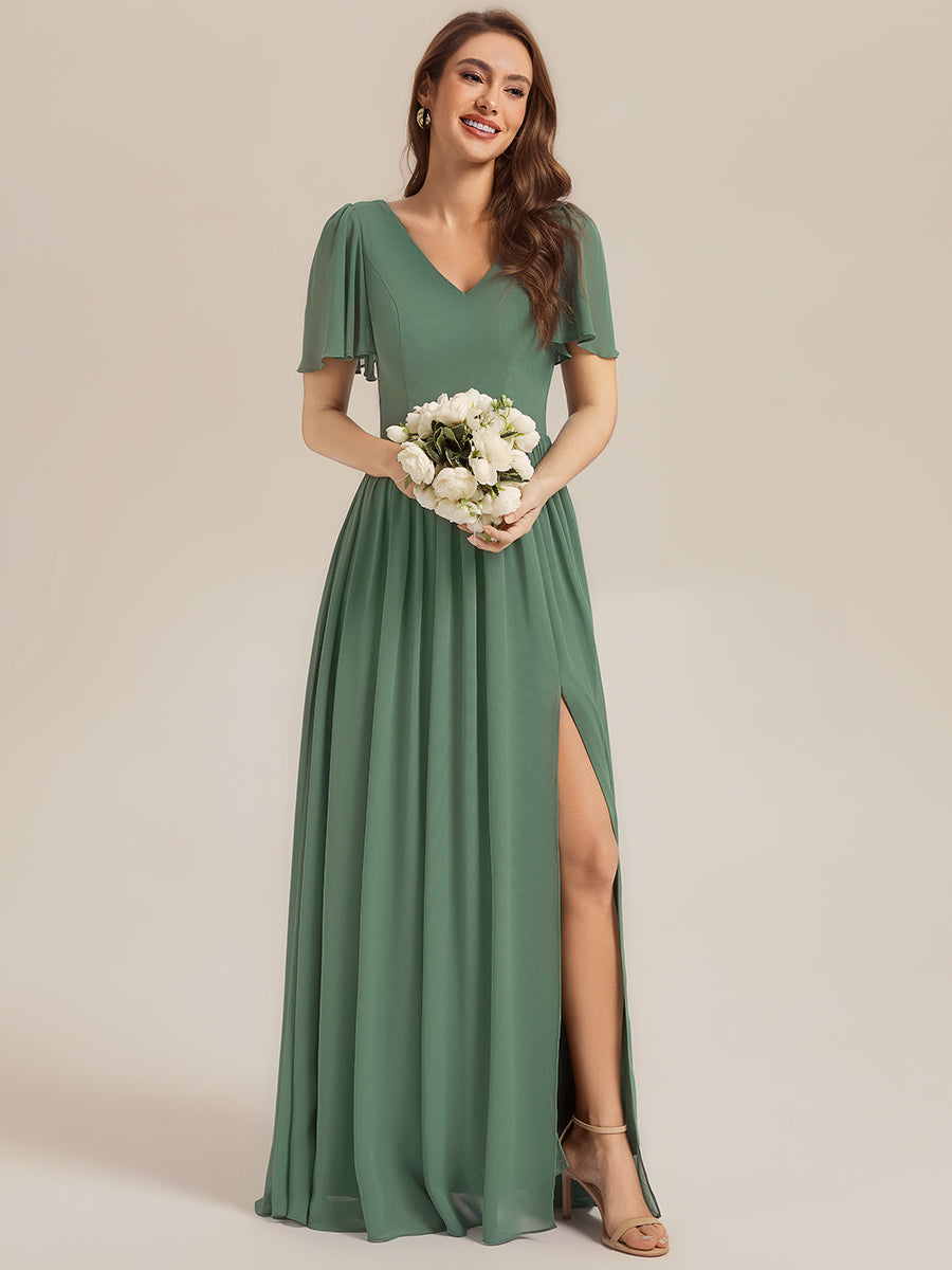 Tie-Up Chiffon Ruffle Sleeve Bridesmaid Dress #color_Eucalyptus