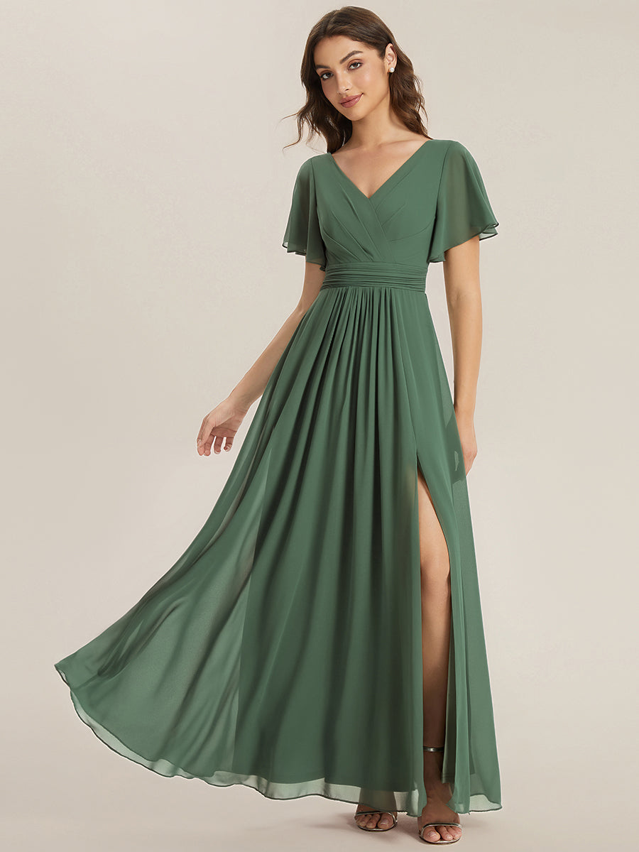 Chiffon Ruffle Sleeve Back Embroidered Bridesmaid Dress #color_Eucalyptus