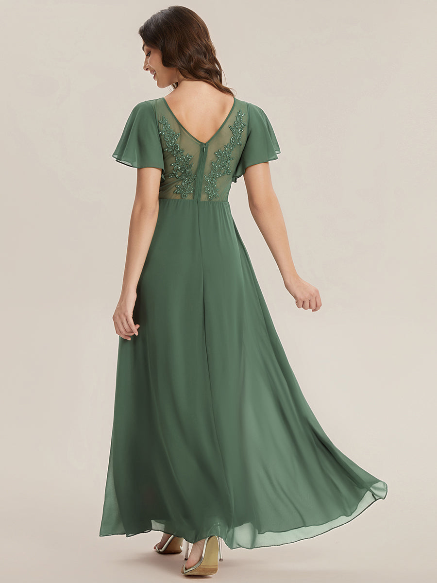 Chiffon Ruffle Sleeve Back Embroidered Bridesmaid Dress #color_Eucalyptus