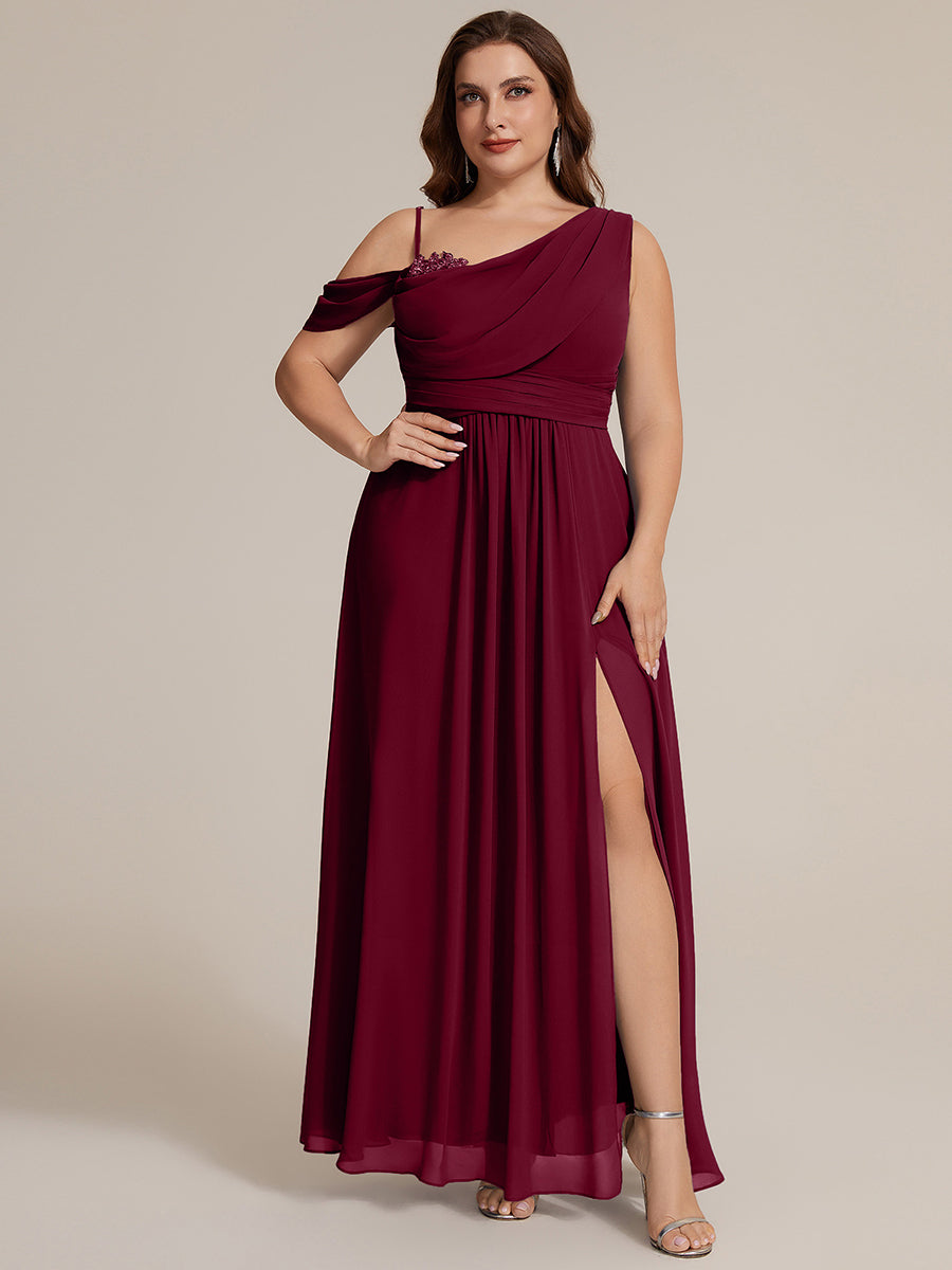 Thigh-High Slit Chiffon Dropped shoulders Bridesmaid Dress #color_Burgundy