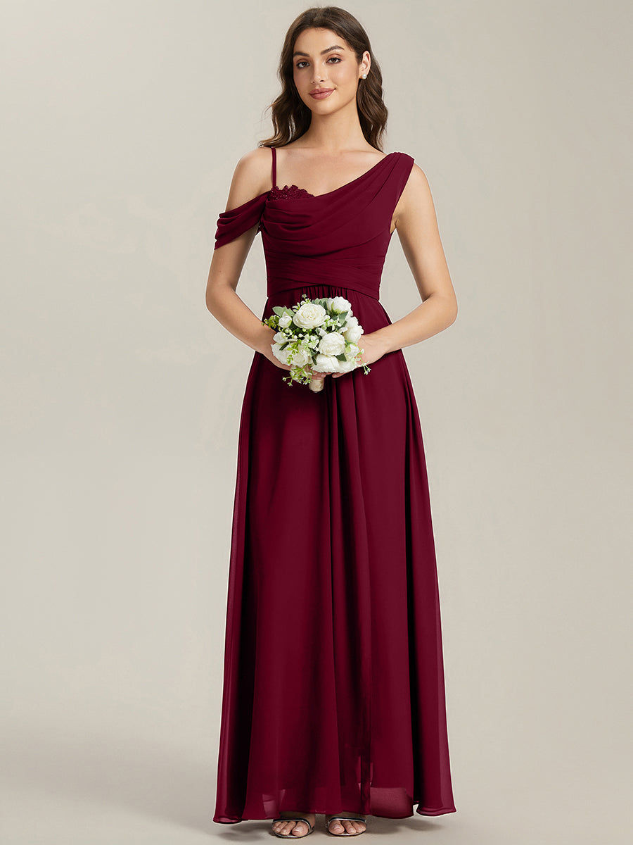 Thigh-High Slit Chiffon Dropped shoulders Bridesmaid Dress #color_Burgundy