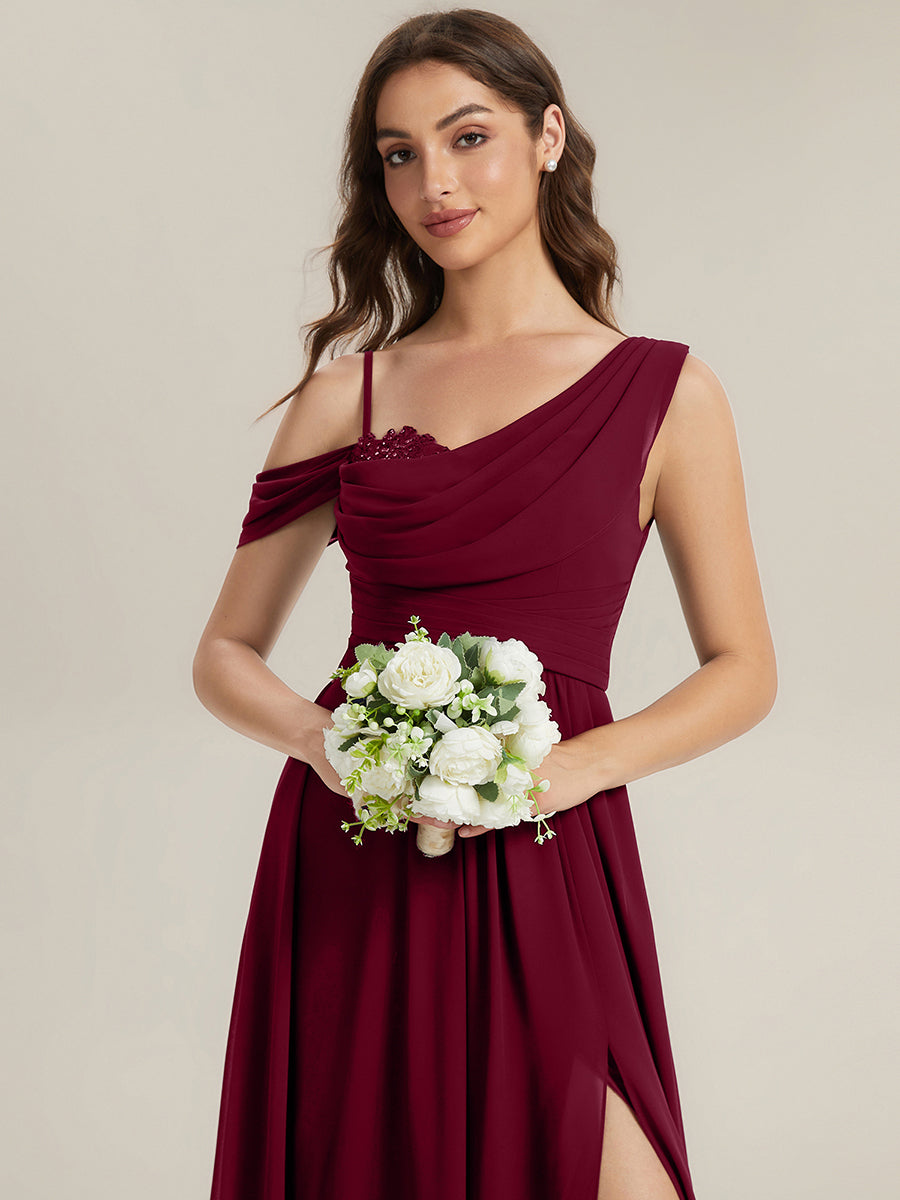 Thigh-High Slit Chiffon Dropped shoulders Bridesmaid Dress #color_Burgundy