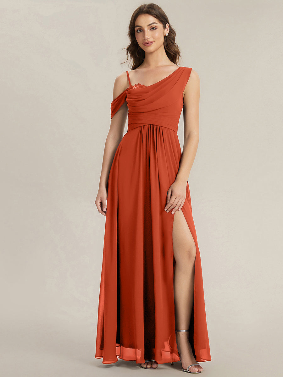 Thigh-High Slit Chiffon Dropped shoulders Bridesmaid Dress #color_Burnt Orange