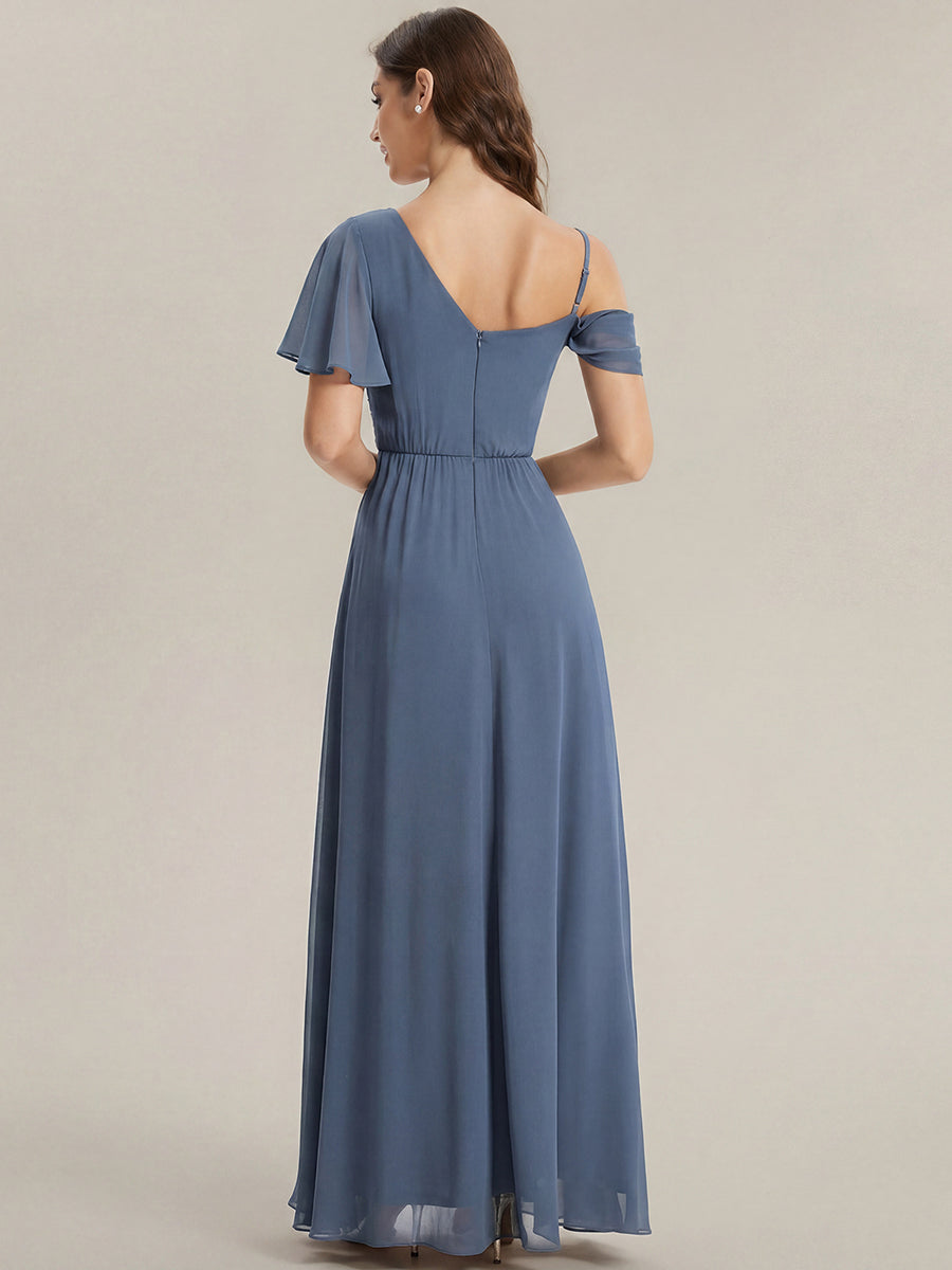 Thigh-High Slit Chiffon Dropped shoulders Bridesmaid Dress #color_Dusty Blue