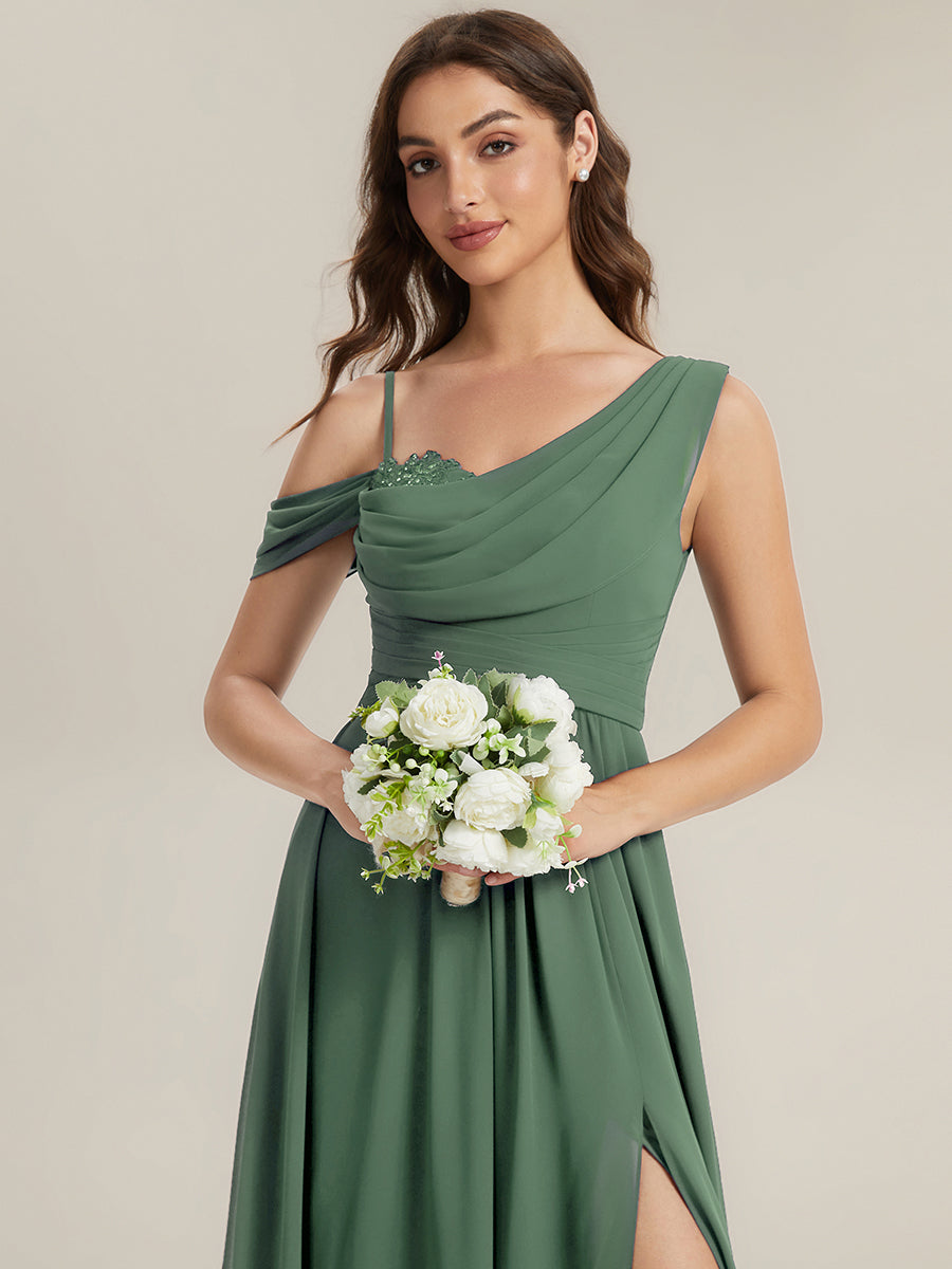 Thigh-High Slit Chiffon Dropped shoulders Bridesmaid Dress #color_Eucalyptus