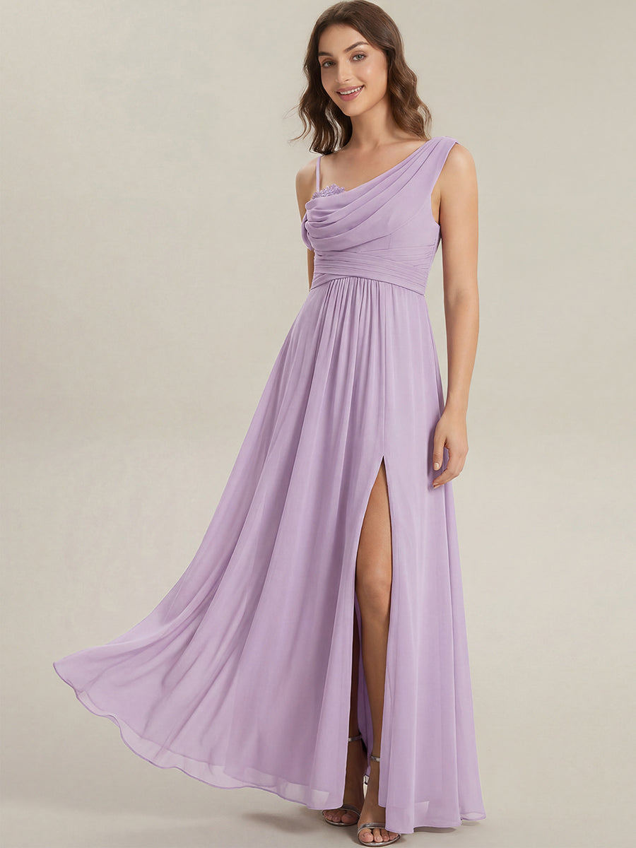 Thigh-High Slit Chiffon Dropped shoulders Bridesmaid Dress #color_Frosted Lilac