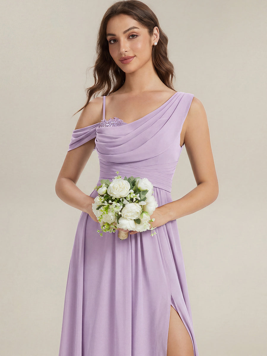 Thigh-High Slit Chiffon Dropped shoulders Bridesmaid Dress #color_Frosted Lilac