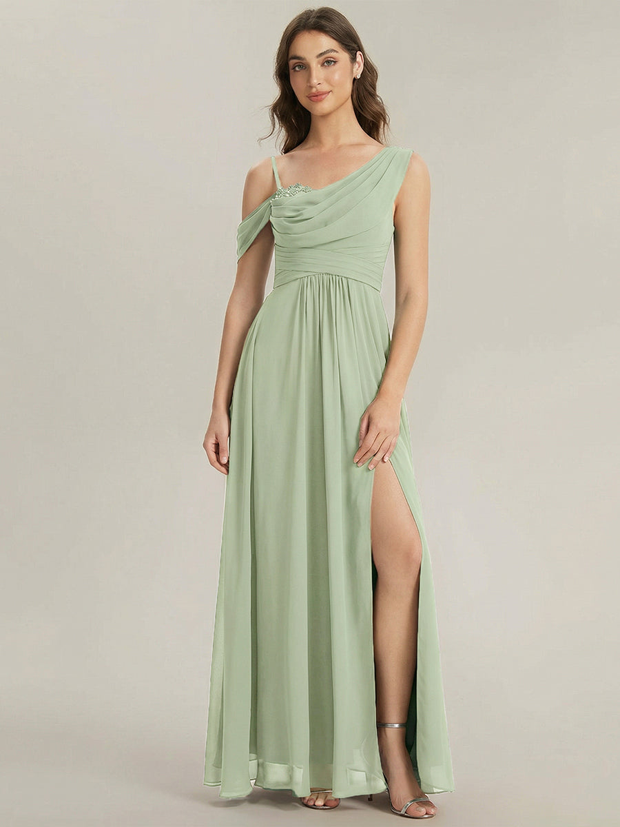 Thigh-High Slit Chiffon Dropped shoulders Bridesmaid Dress #color_Mint Green