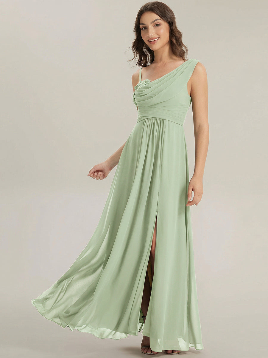 Thigh-High Slit Chiffon Dropped shoulders Bridesmaid Dress #color_Mint Green
