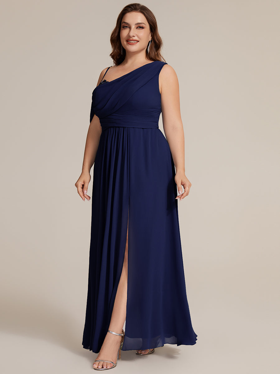 Thigh-High Slit Chiffon Dropped shoulders Bridesmaid Dress #color_Navy Blue