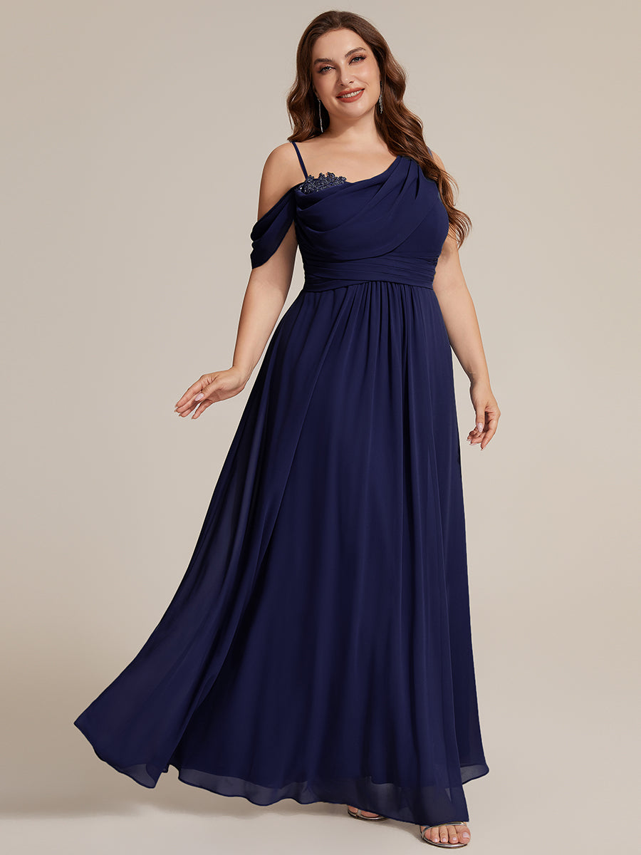 Thigh-High Slit Chiffon Dropped shoulders Bridesmaid Dress #color_Navy Blue