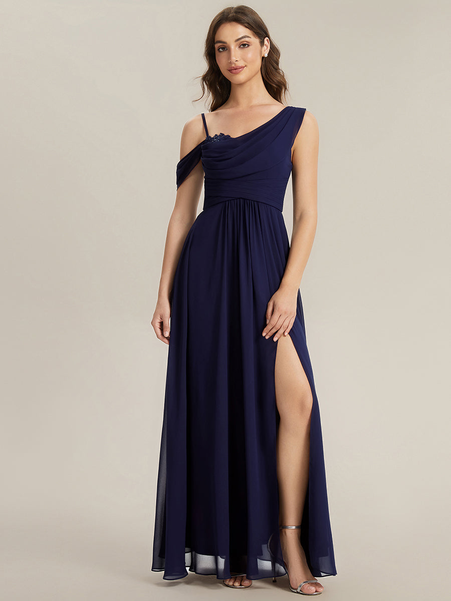Thigh-High Slit Chiffon Dropped shoulders Bridesmaid Dress #color_Navy Blue